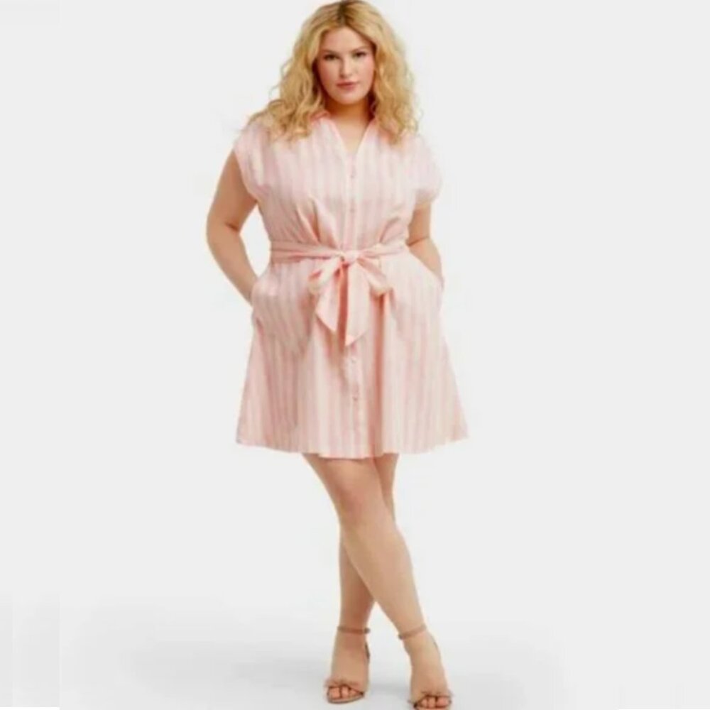 DRAPER JAMES Trisha Linen Shirtdress in Light Pink Cabana Stripe, 2X LN